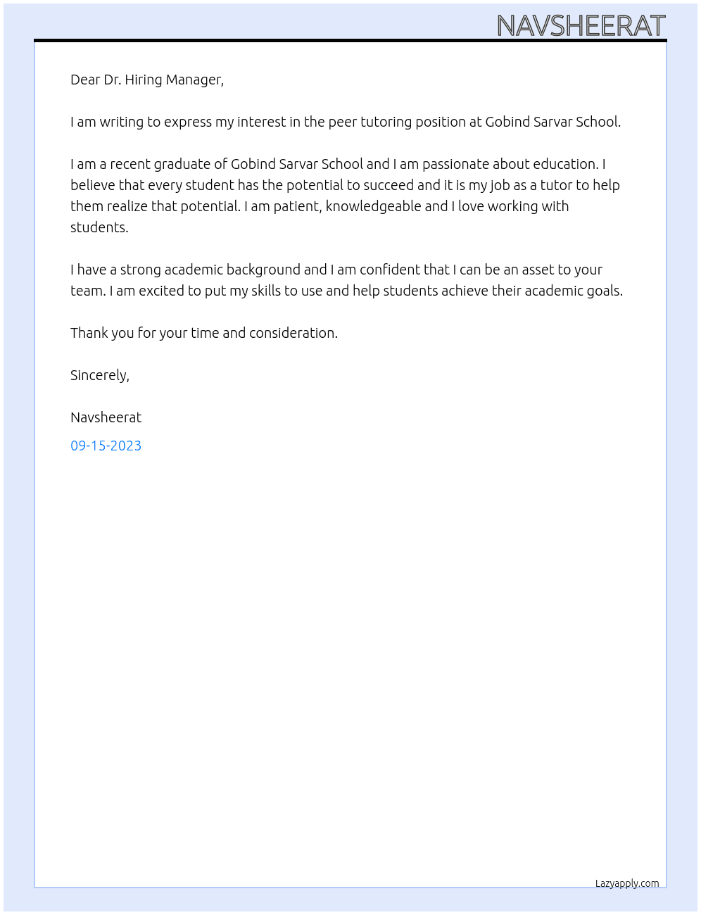 peer toutring At Gobind Sarvar School Cover Letter