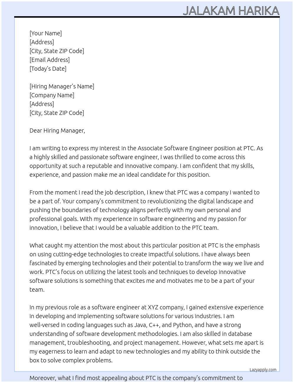 Associate software Engineer  At PTC Cover Letter