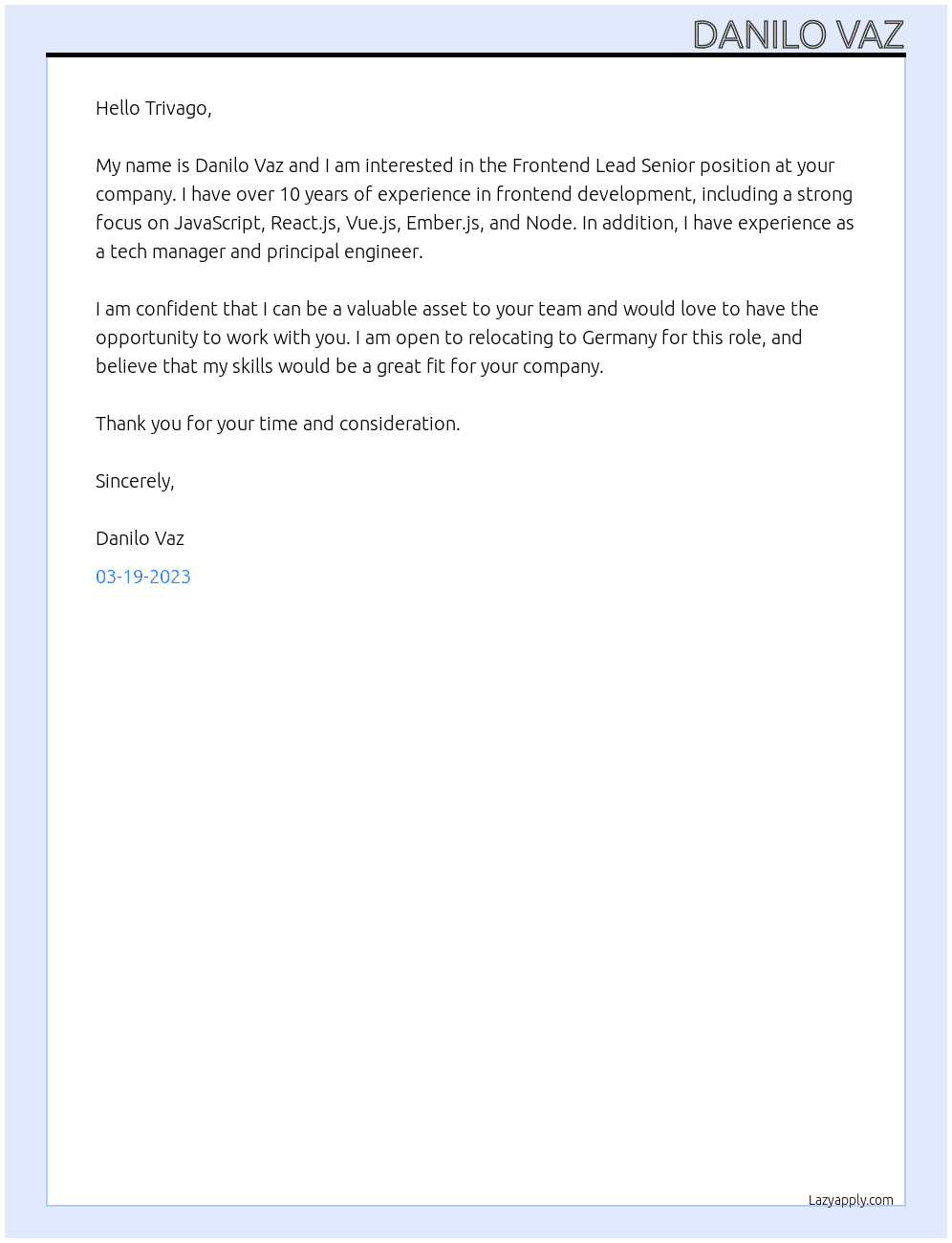 Frontend Lead Senior At Trivago Cover Letter