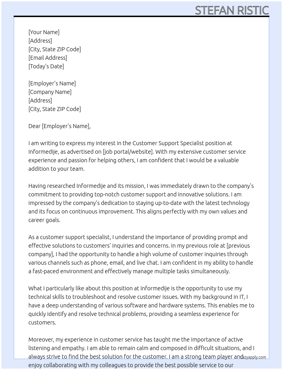 Customer support specialist  At Informedije Cover Letter