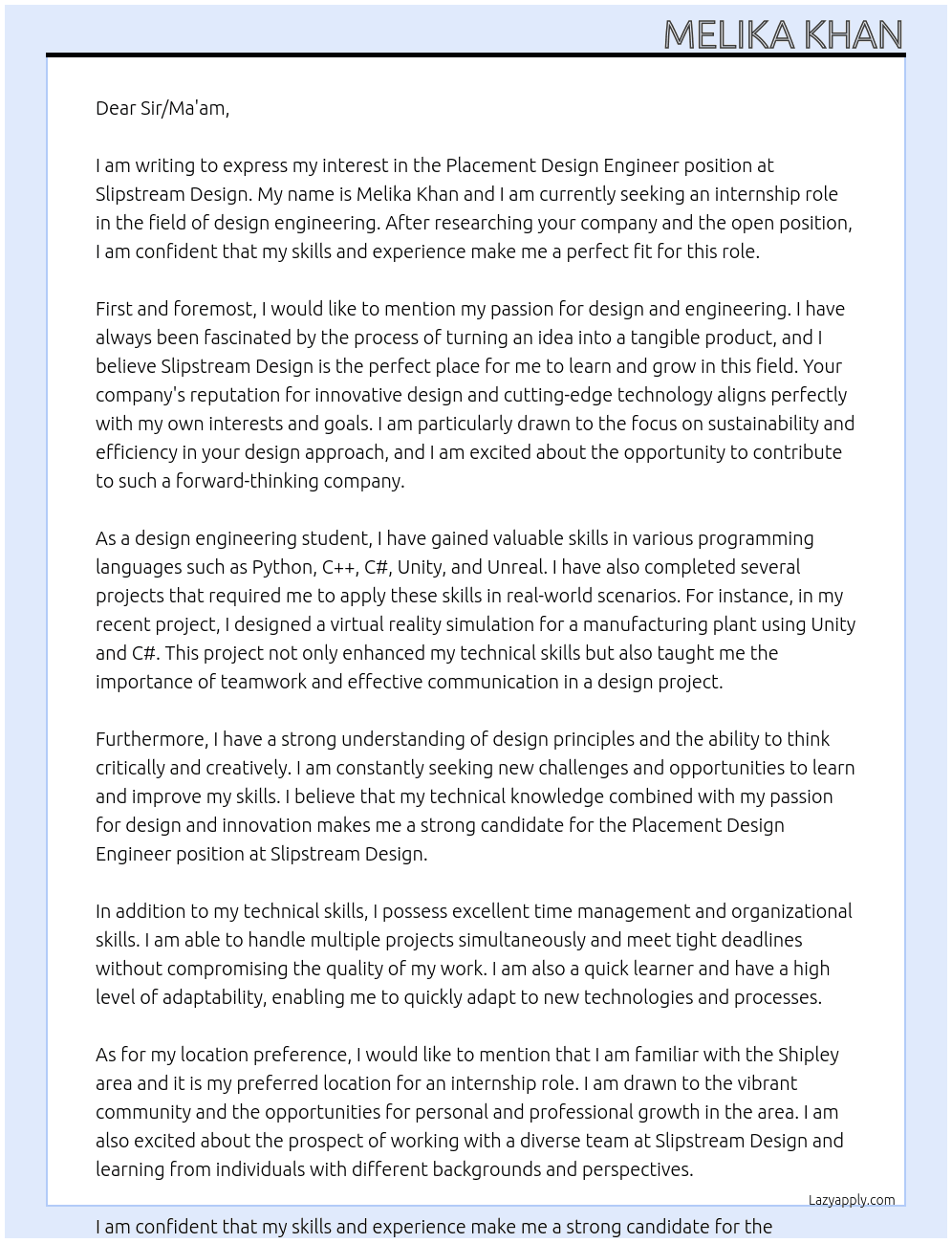 Placement Design Engineer At Slipstream Design Cover Letter