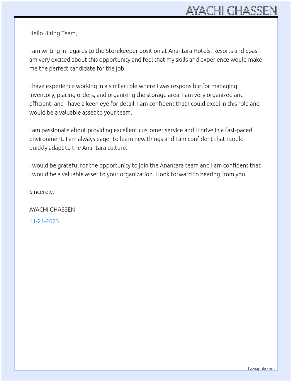 Storekeeper At Anantara Hotels, Resorts and Spas Cover Letter