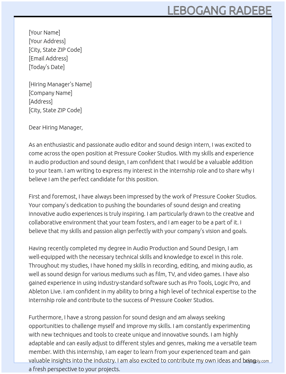 Audio editor and sound design intern At Pressure cooker studios Cover Letter