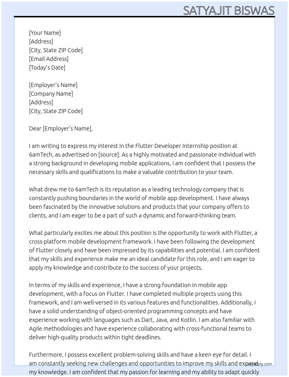 Flutter Developer Internship At 6amTech Cover Letter