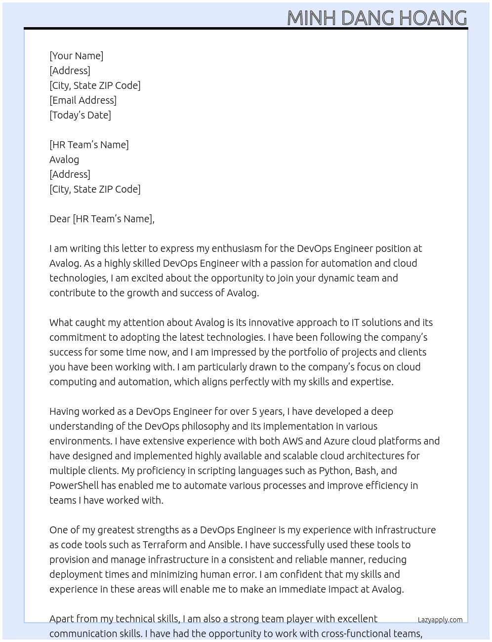 DevOps Engineer At Avalog Cover Letter