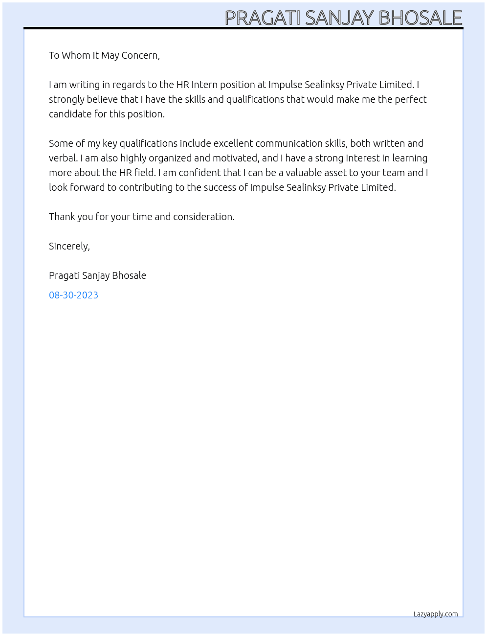 Hr intern At Impulse Sealinksy Private limited  Cover Letter