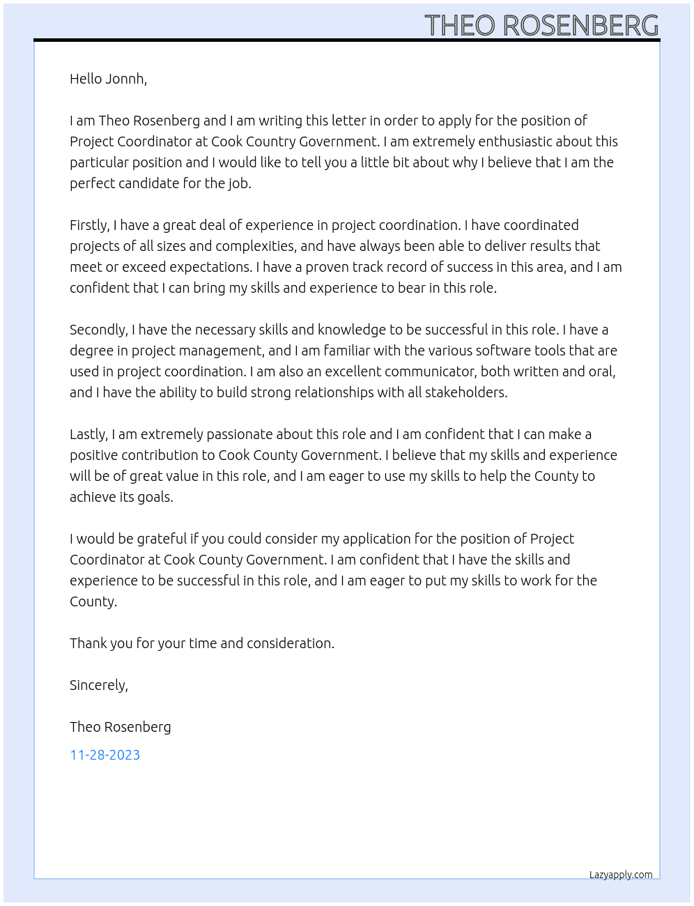 Project Coordinator At Cook Country Government Cover Letter