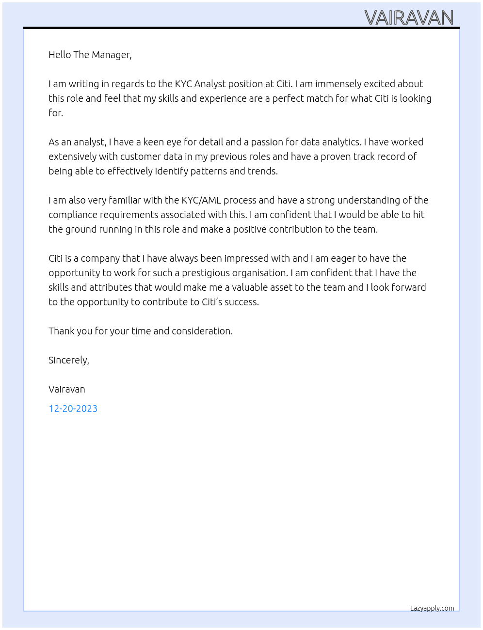 KYC Analyst At Citi Cover Letter