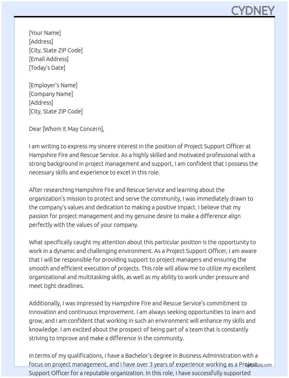 Project Support Officer  At Hampshire Fire and Rescue Service  Cover Letter