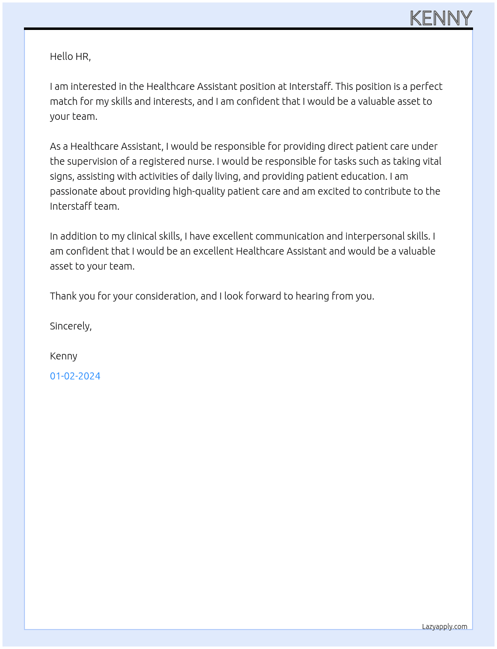 Healthcare Assistant At Interstaff Cover Letter