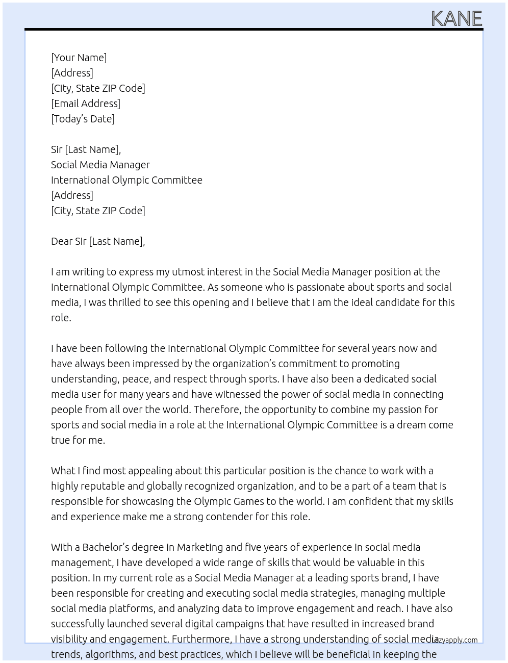 Social Media Manager At International Olympic Committee Cover Letter