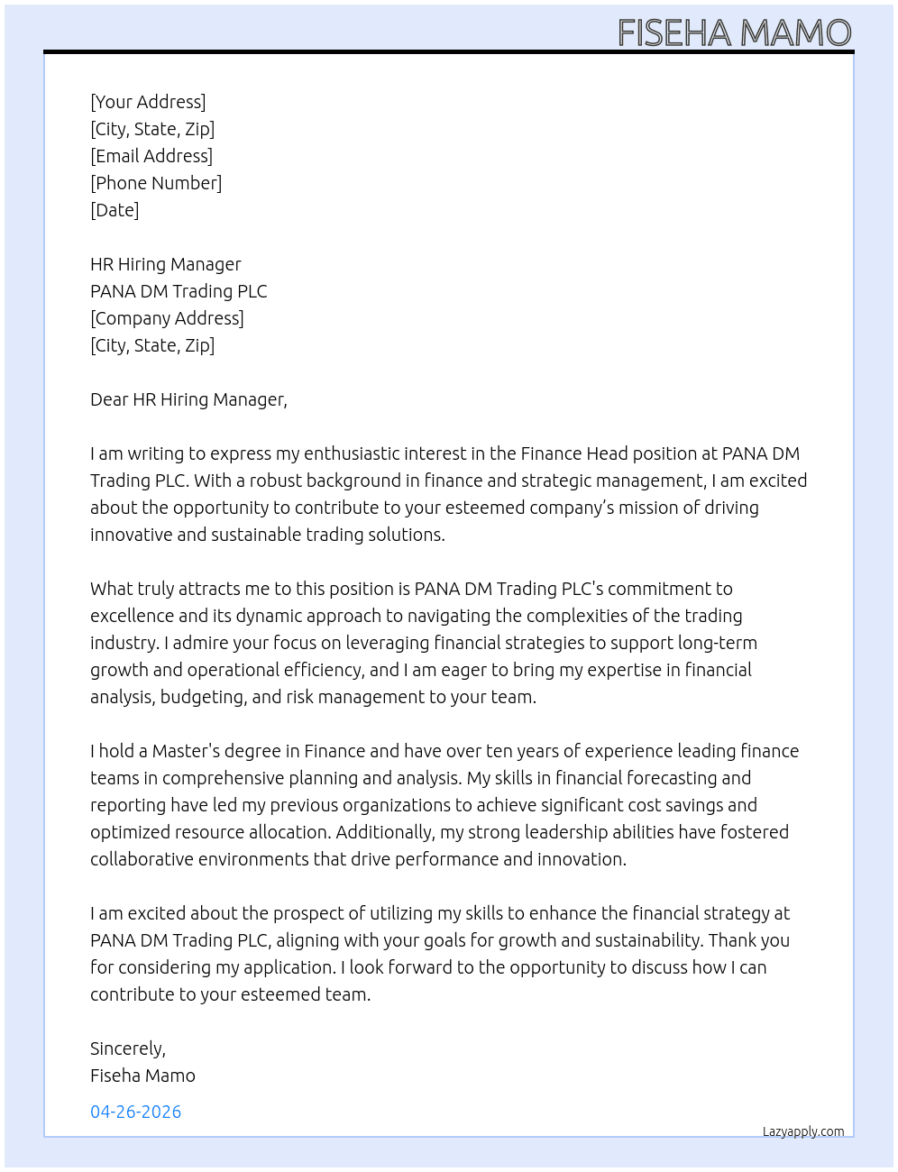 Finance Head At PANA DM Trading PLC Cover Letter