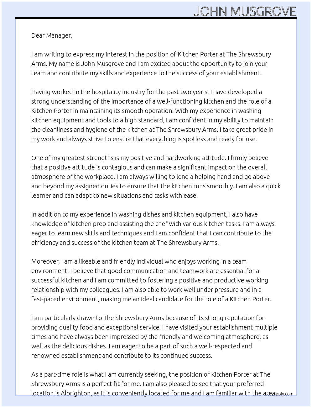 Kitchen Porter  At The Shrewsbury Arms Cover Letter