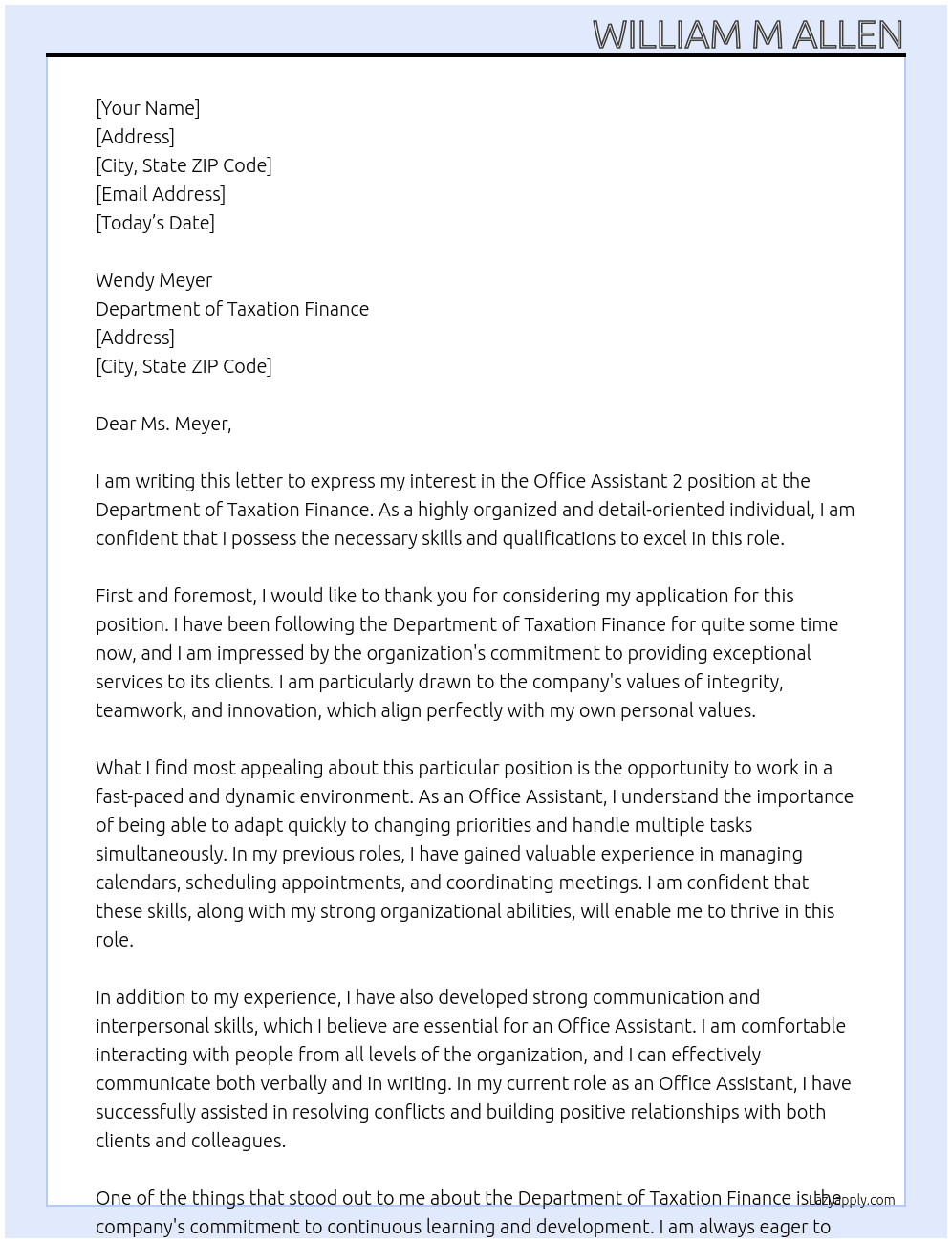 Office Assistant 2 At Department of Taxation Finance Cover Letter