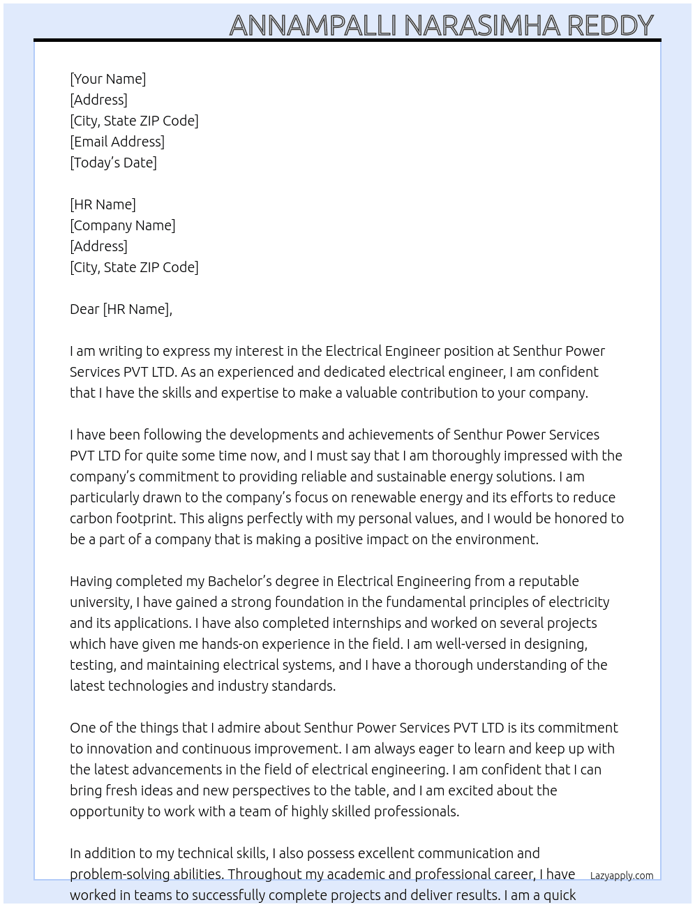 Electrical engineer  At Senthur power services PVT LTD Cover Letter
