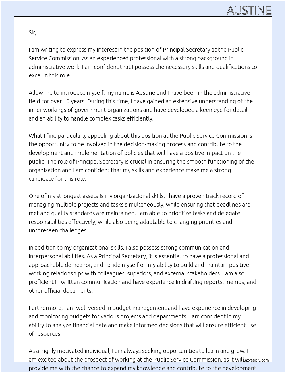 Principal Secretary At Public Service Commission Cover Letter