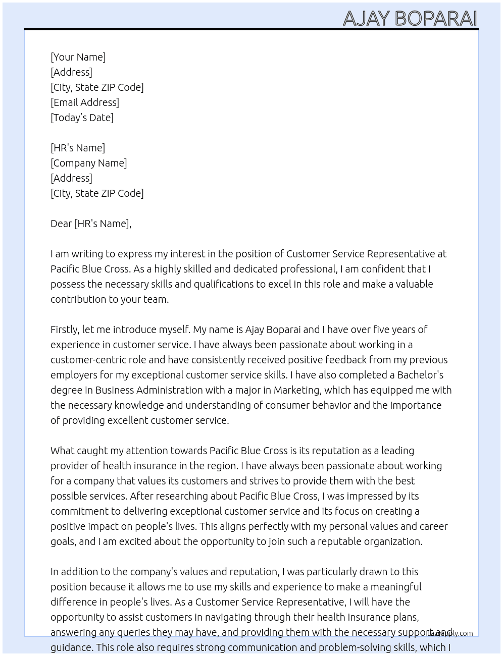 Customer Service Representative At Pacific Blue Cross Cover Letter
