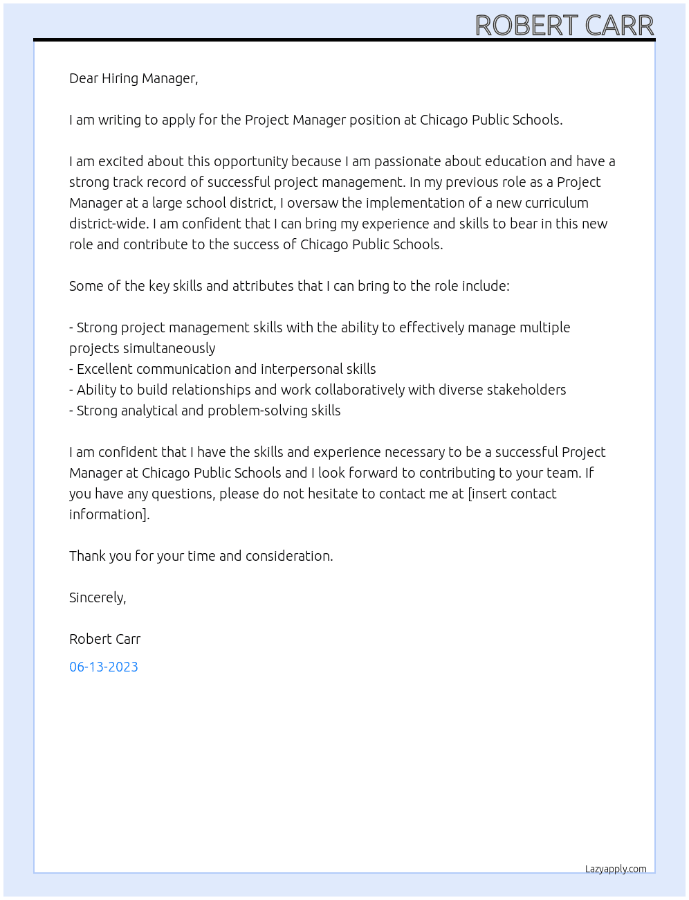 Project Manager  At Chicago Public Schools Cover Letter