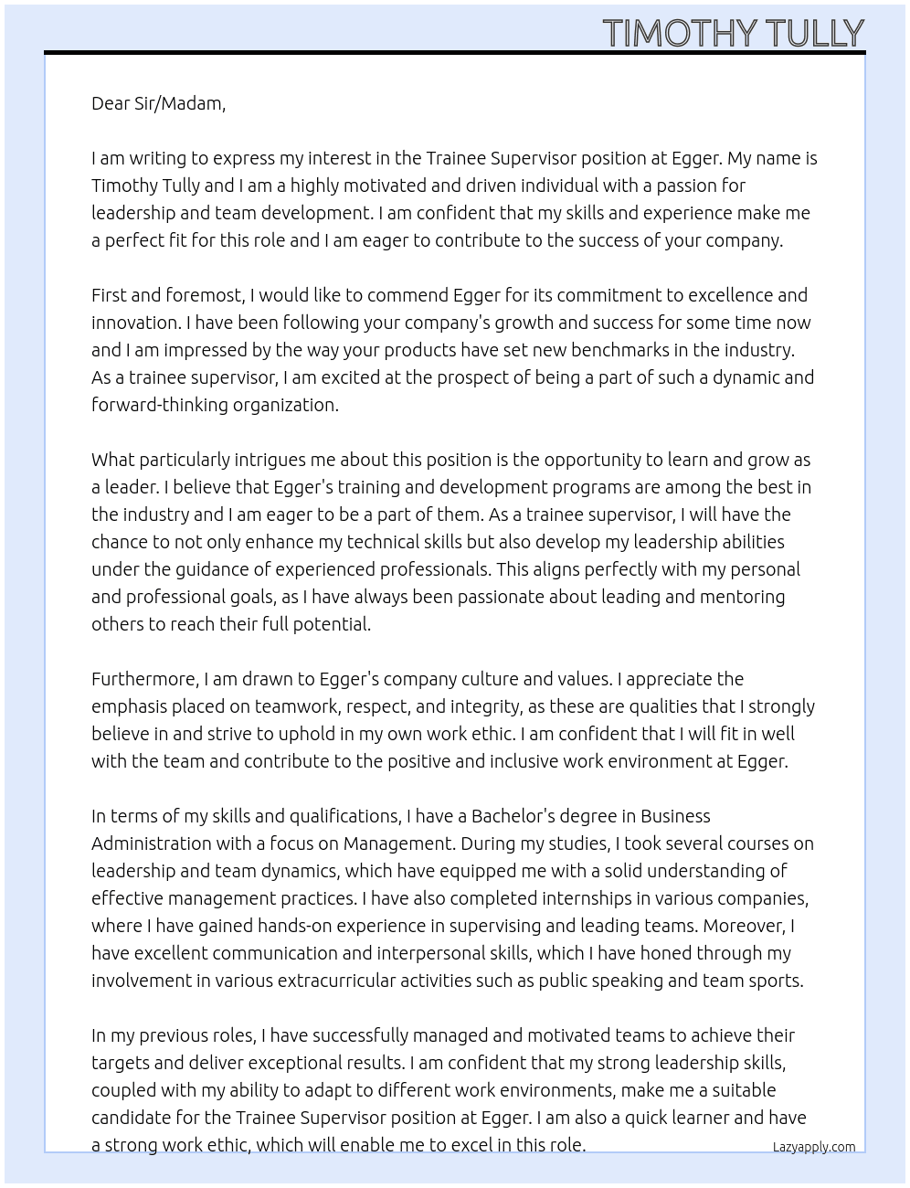 Trainee Supervisor At Egger Cover Letter