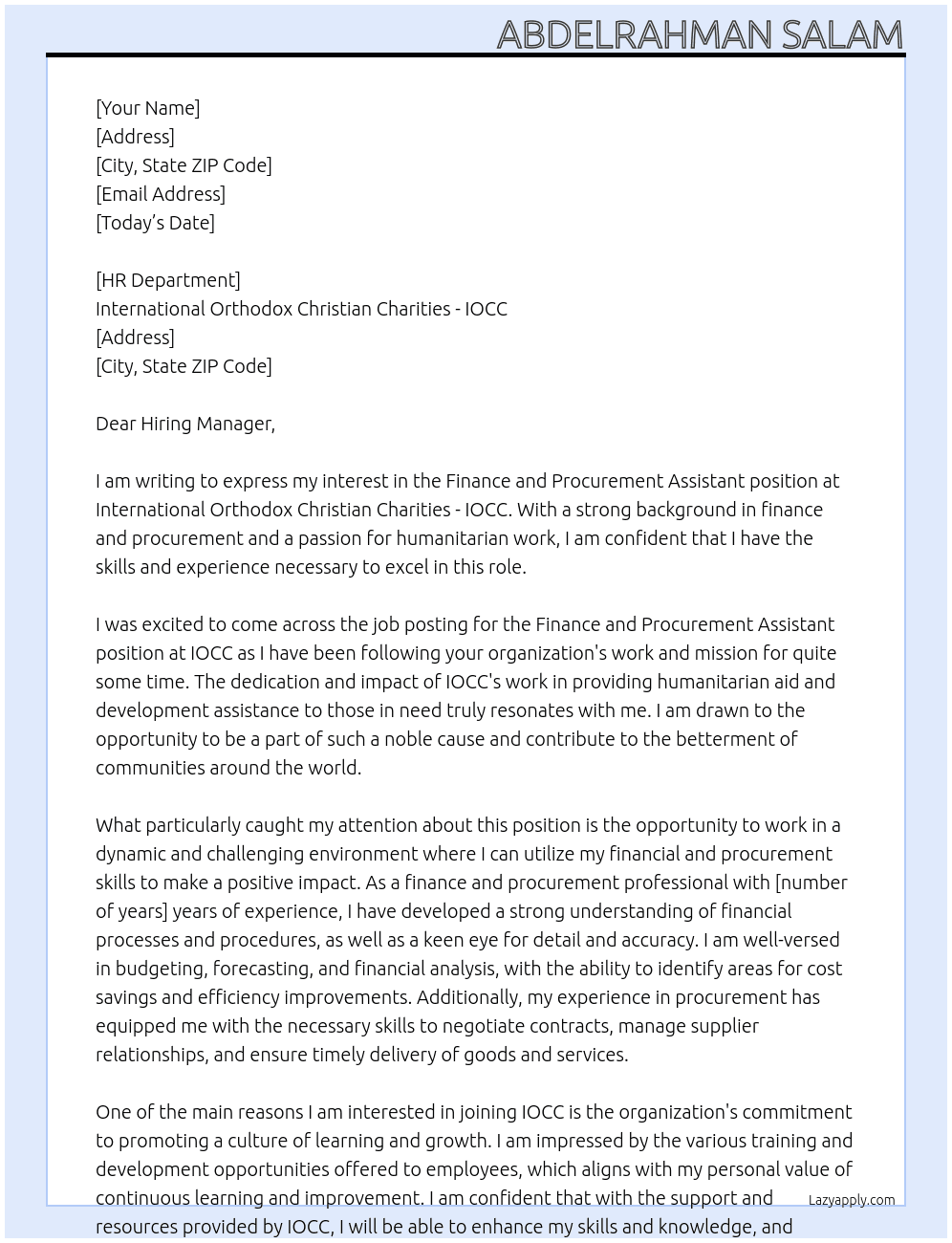 Finance and Procurement Assistant At  International Orthodox Christian Charities - IOCC  Cover Letter