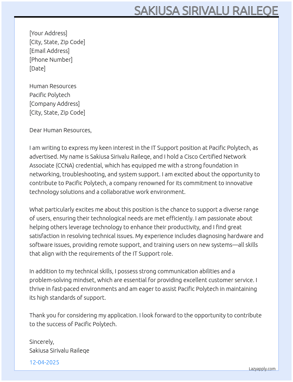 IT support At Pacific Polytech Cover Letter