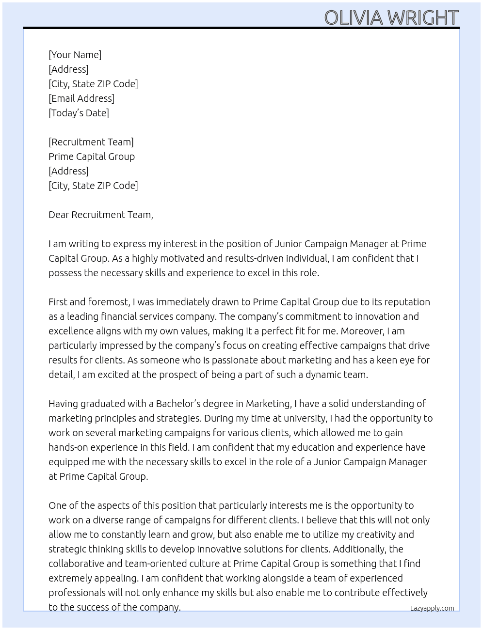 Junior Campaign manager At Prime Capital Group Cover Letter