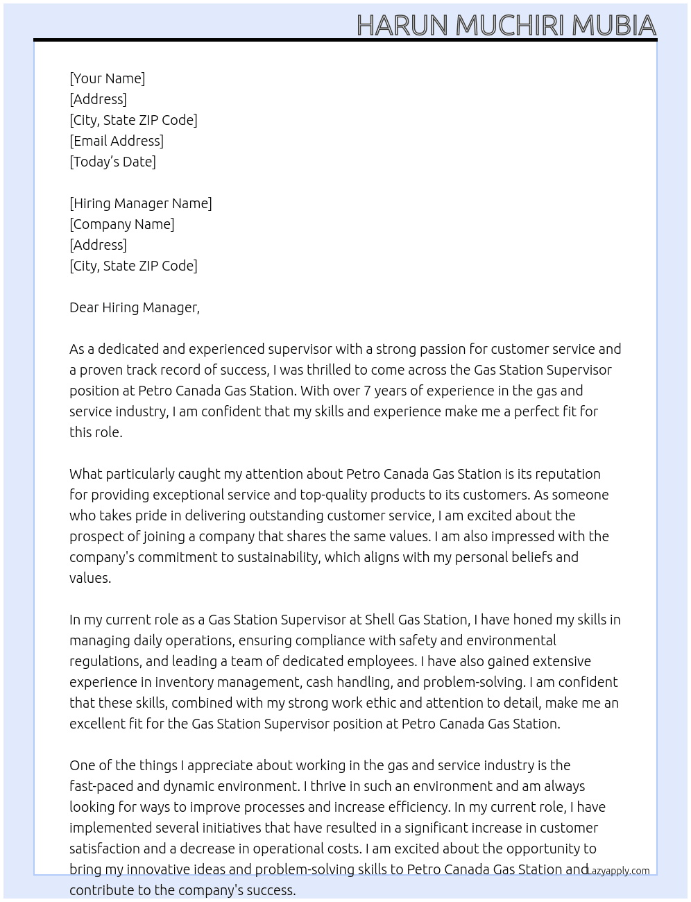Gas Station Supervisor At Petro Canada Gas Station Cover Letter