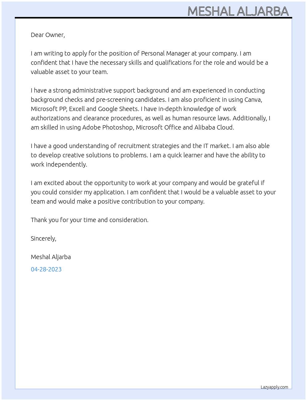 Personal Manager  At Personal company  Cover Letter