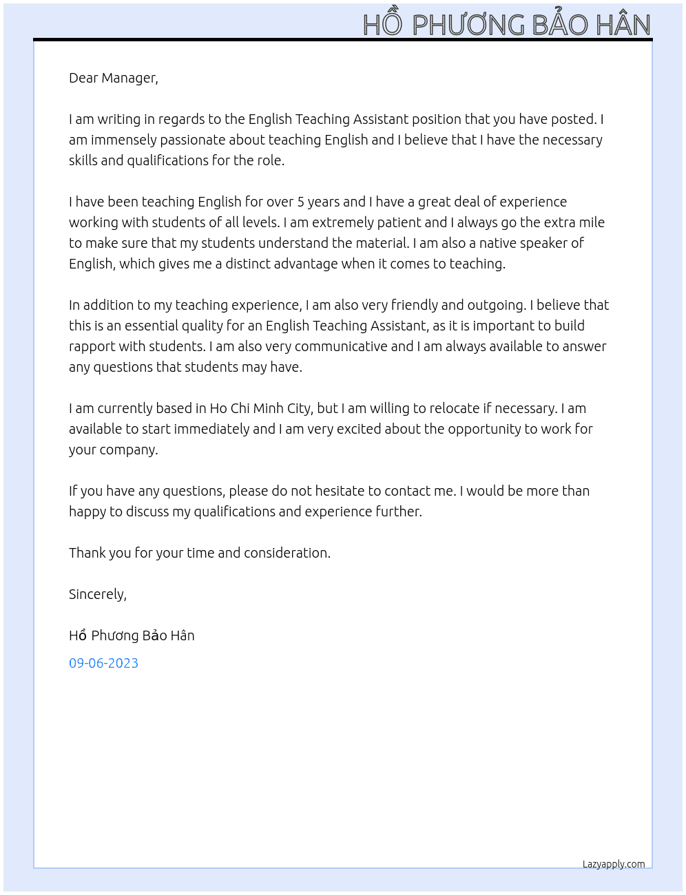 English Teaching Assistant At English center Cover Letter