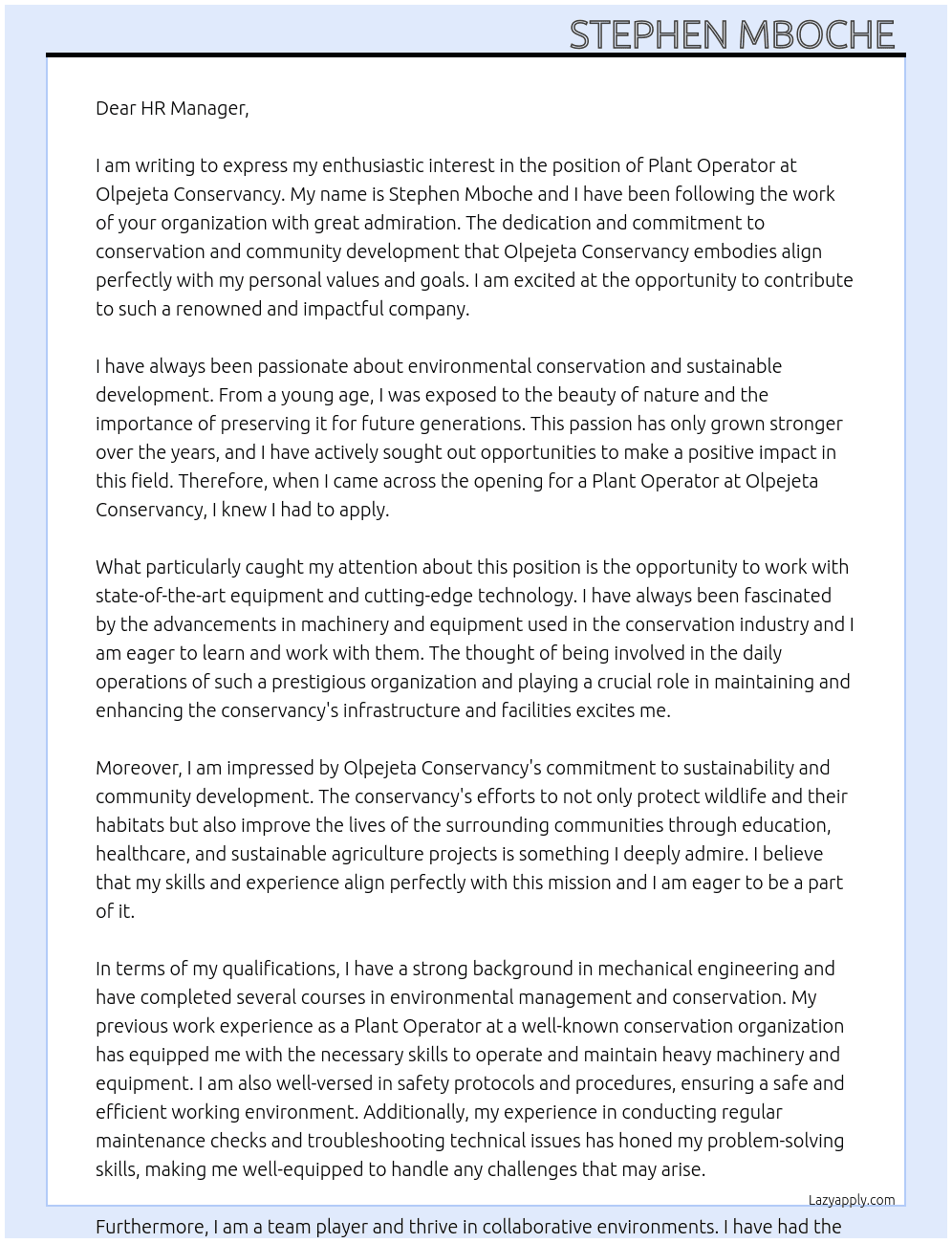 Plant operator  At Olpejeta conservancy  Cover Letter