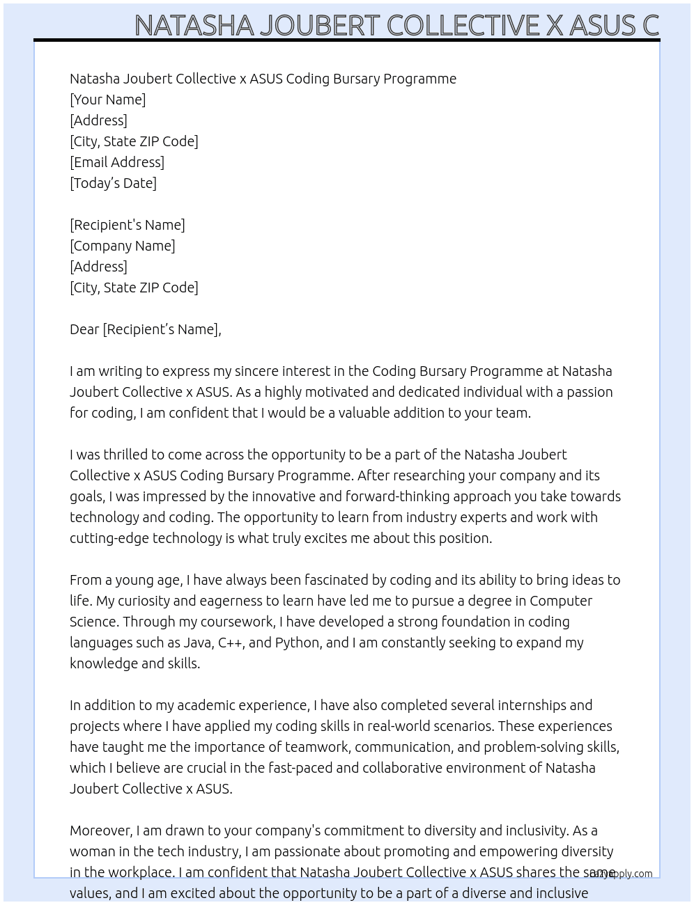 coding Bursary  At Natasha Joubert Collective x ASUS Coding Bursary Programme Cover Letter