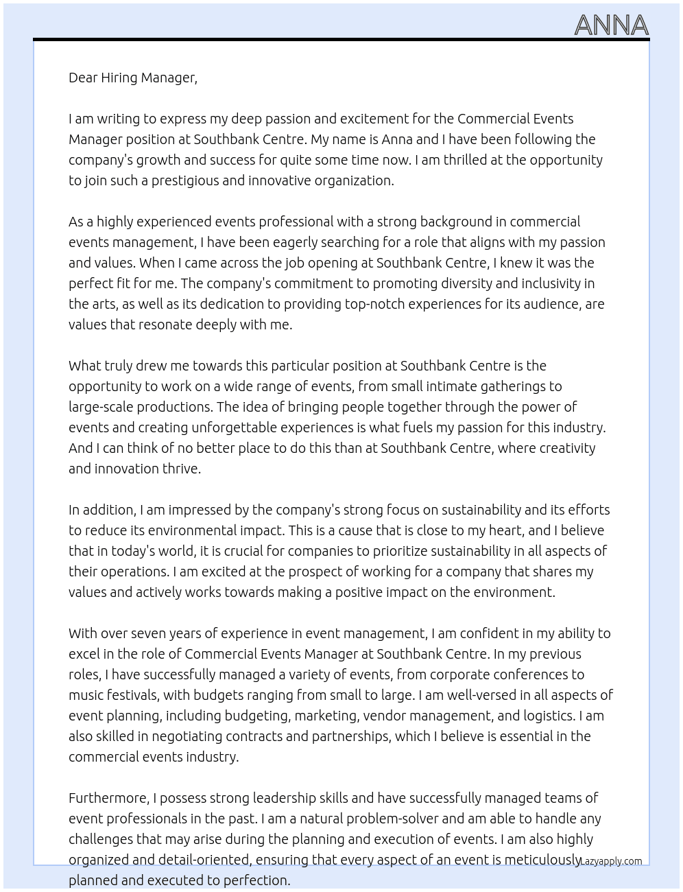 Commercial Events Manager At Southbank Centre Cover Letter