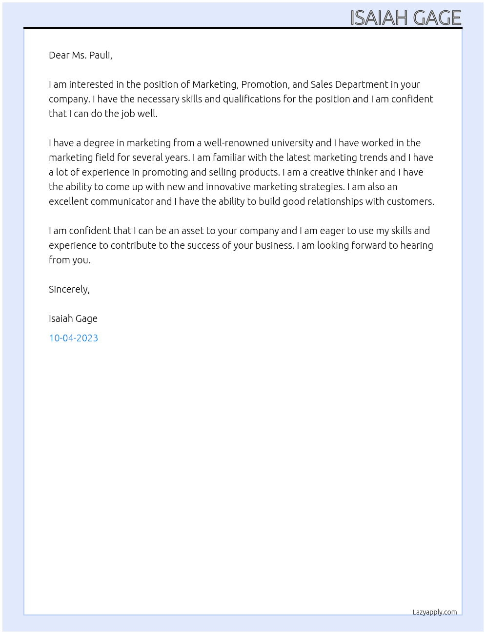 Marketing, promotion, and sales department At Bizmart Cover Letter