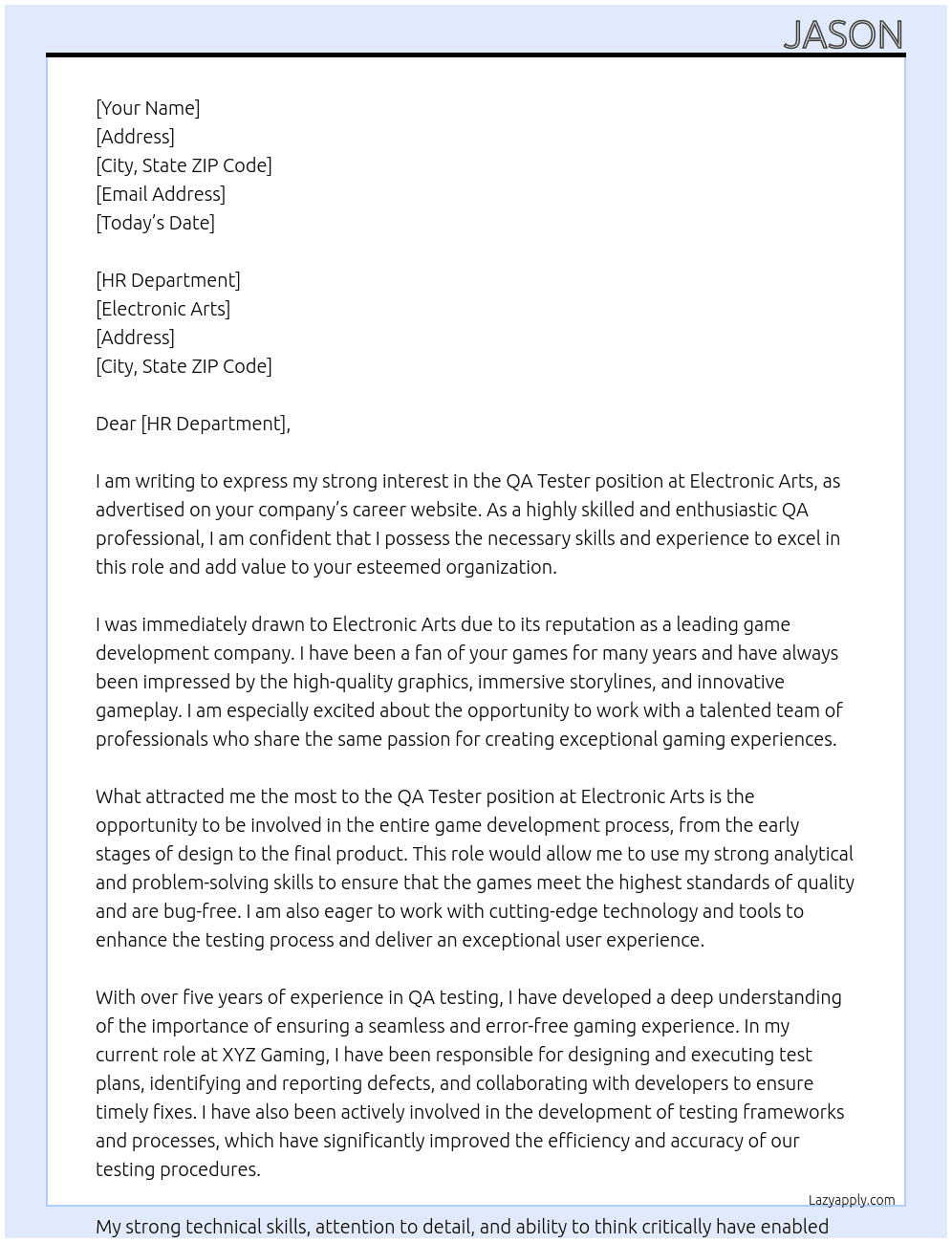 QA Tester At Electronic Arts Cover Letter