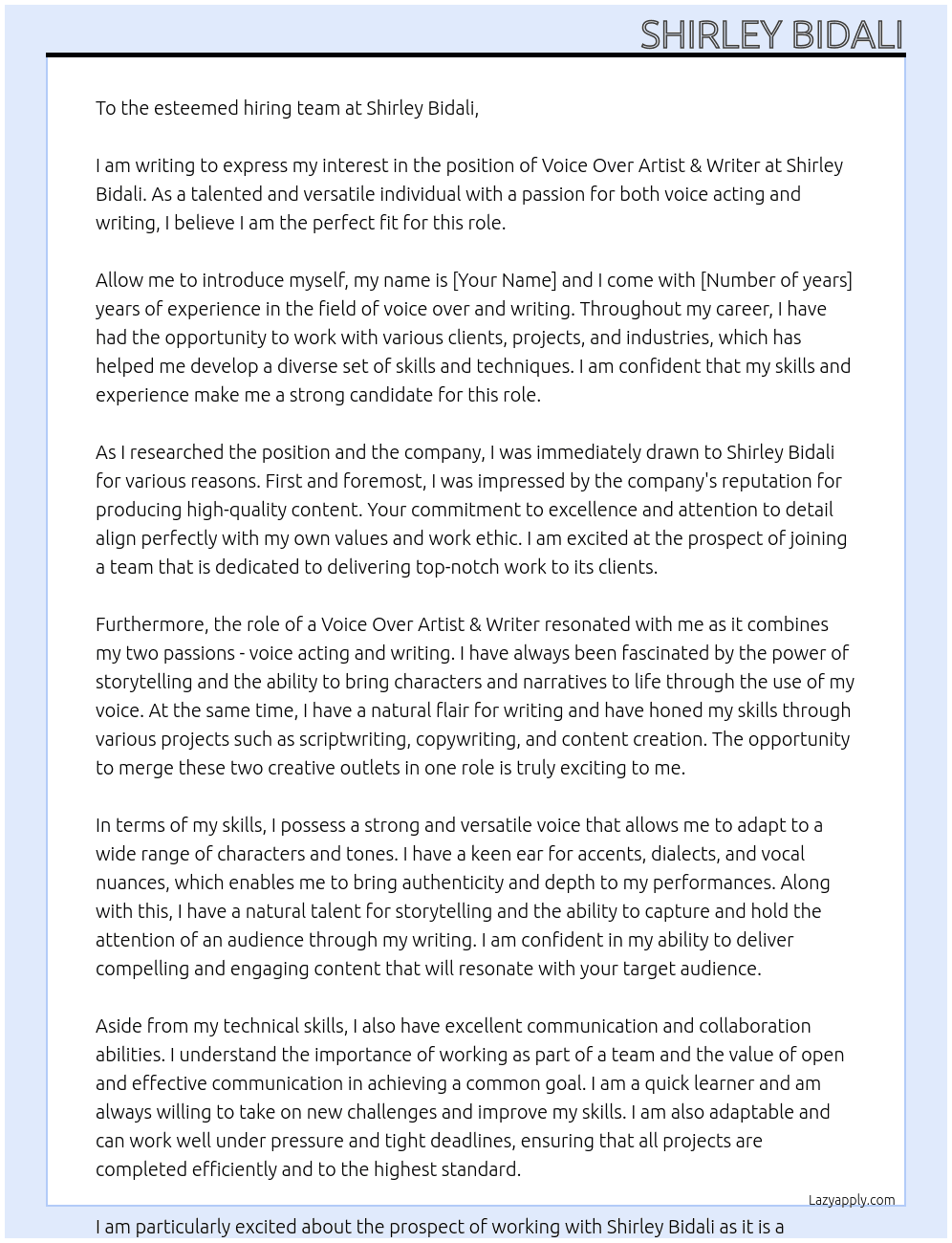 Voice Over Artist & Writer  At Shirley Bidali Cover Letter