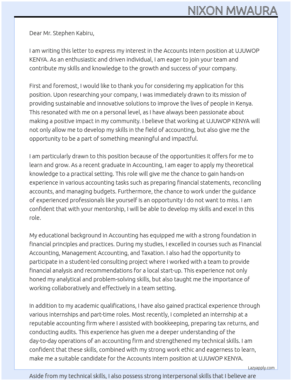 accounts intern At UJUWOP KENYA Cover Letter