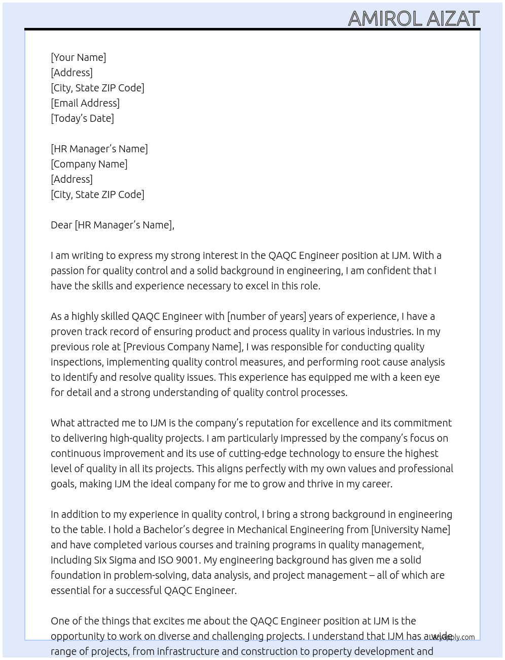 QAQC Engineer At IJM Cover Letter