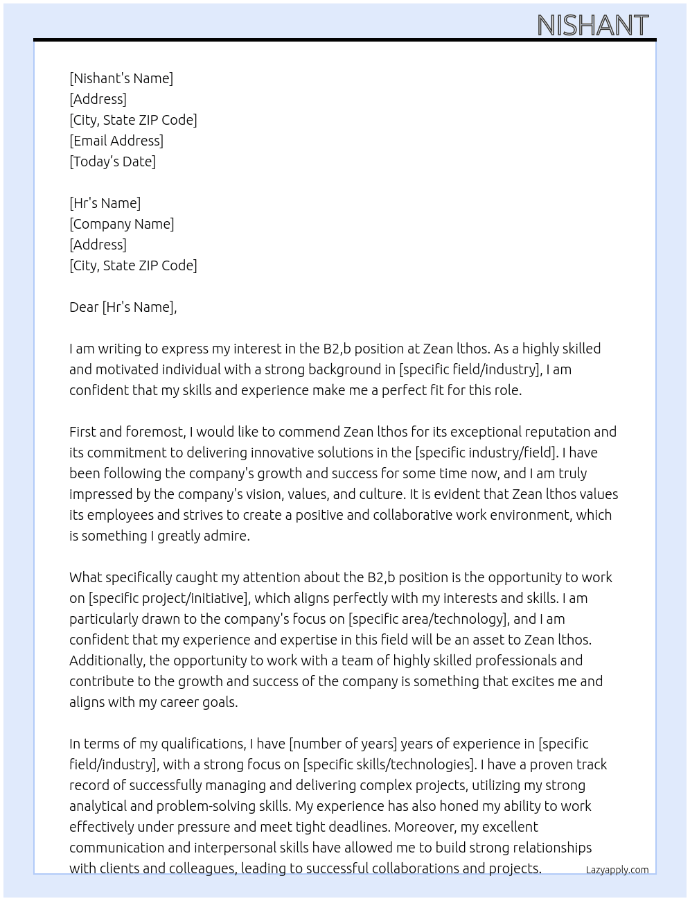 B2,b At Zean lthos Cover Letter