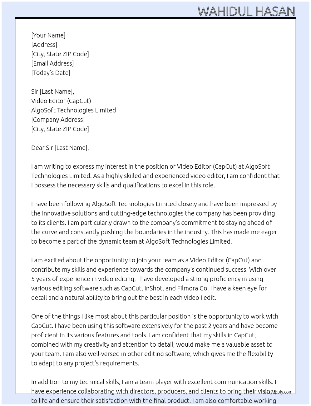 Video Editor (CapCut) At AlgoSoft Technologies Limited Cover Letter