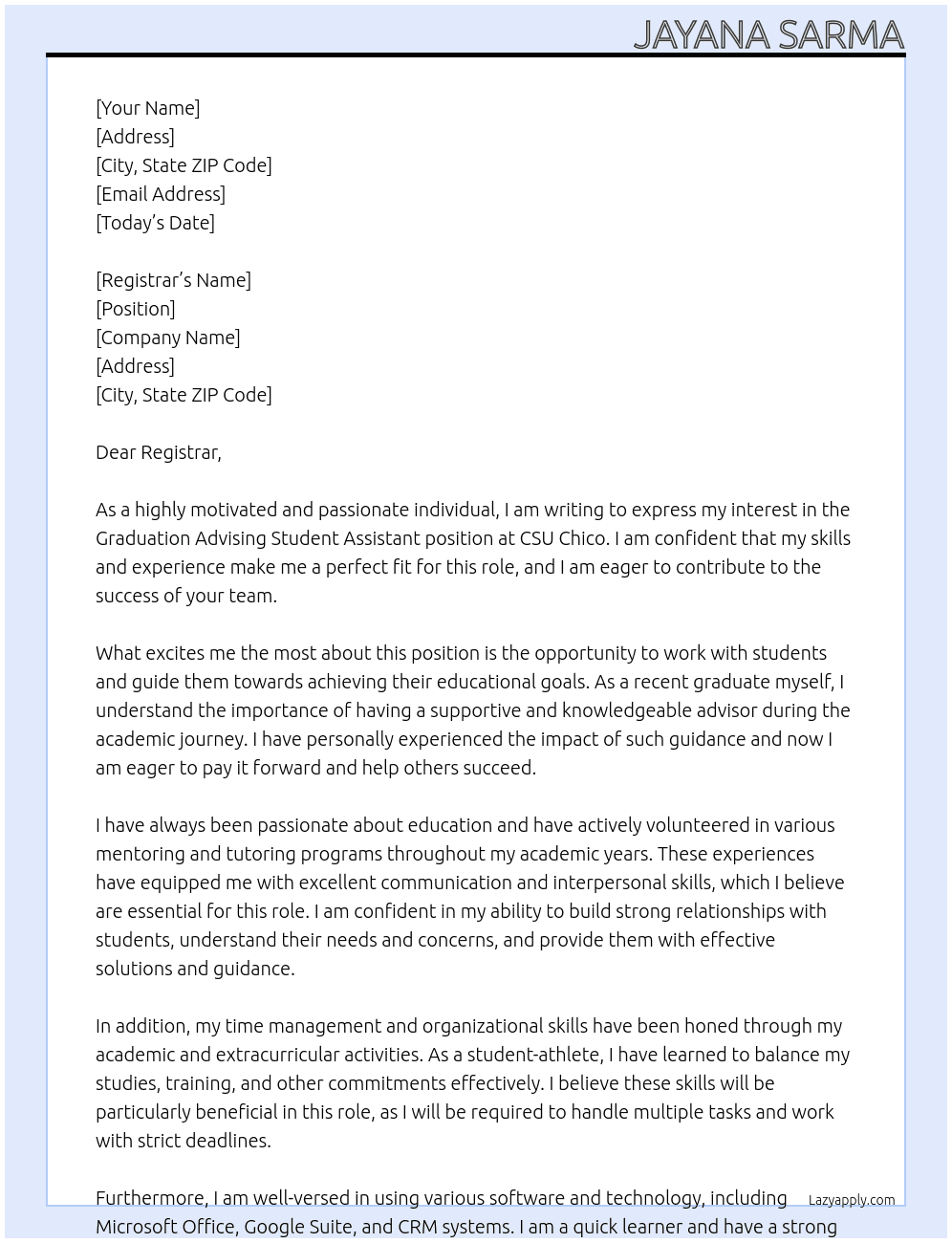 Graduation Advising Student Assistant At CSU Chico Cover Letter