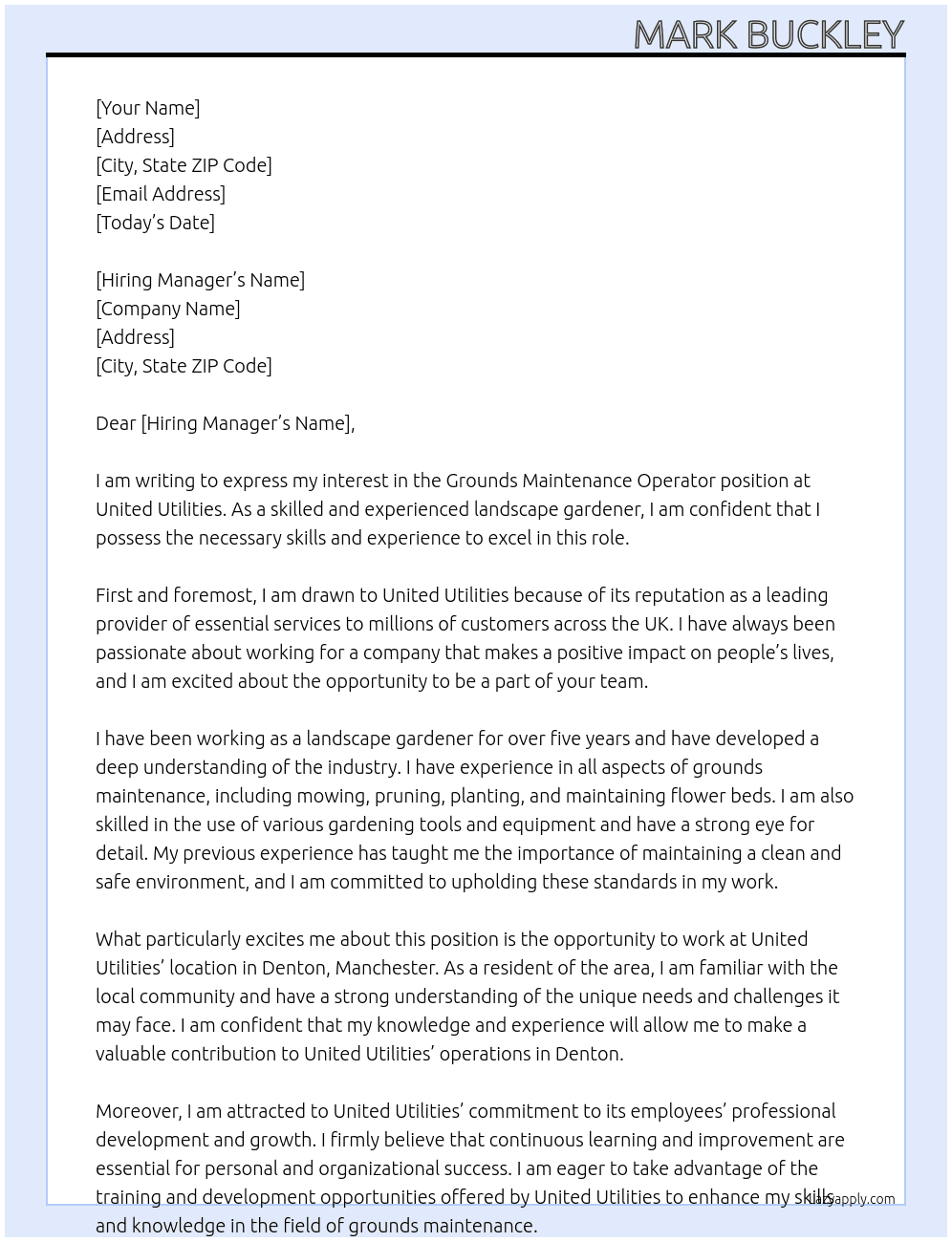 grounds mainenance operator At united utilities Cover Letter