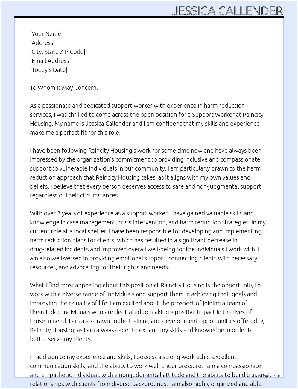 support worker for harm reduction At raincity housing Cover Letter