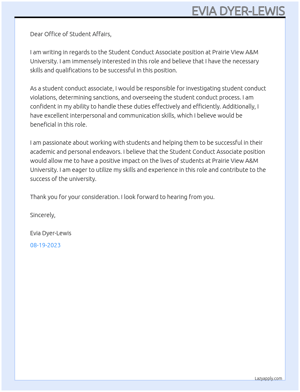 Student Conduct Associate At Prairie View A&M University Cover Letter