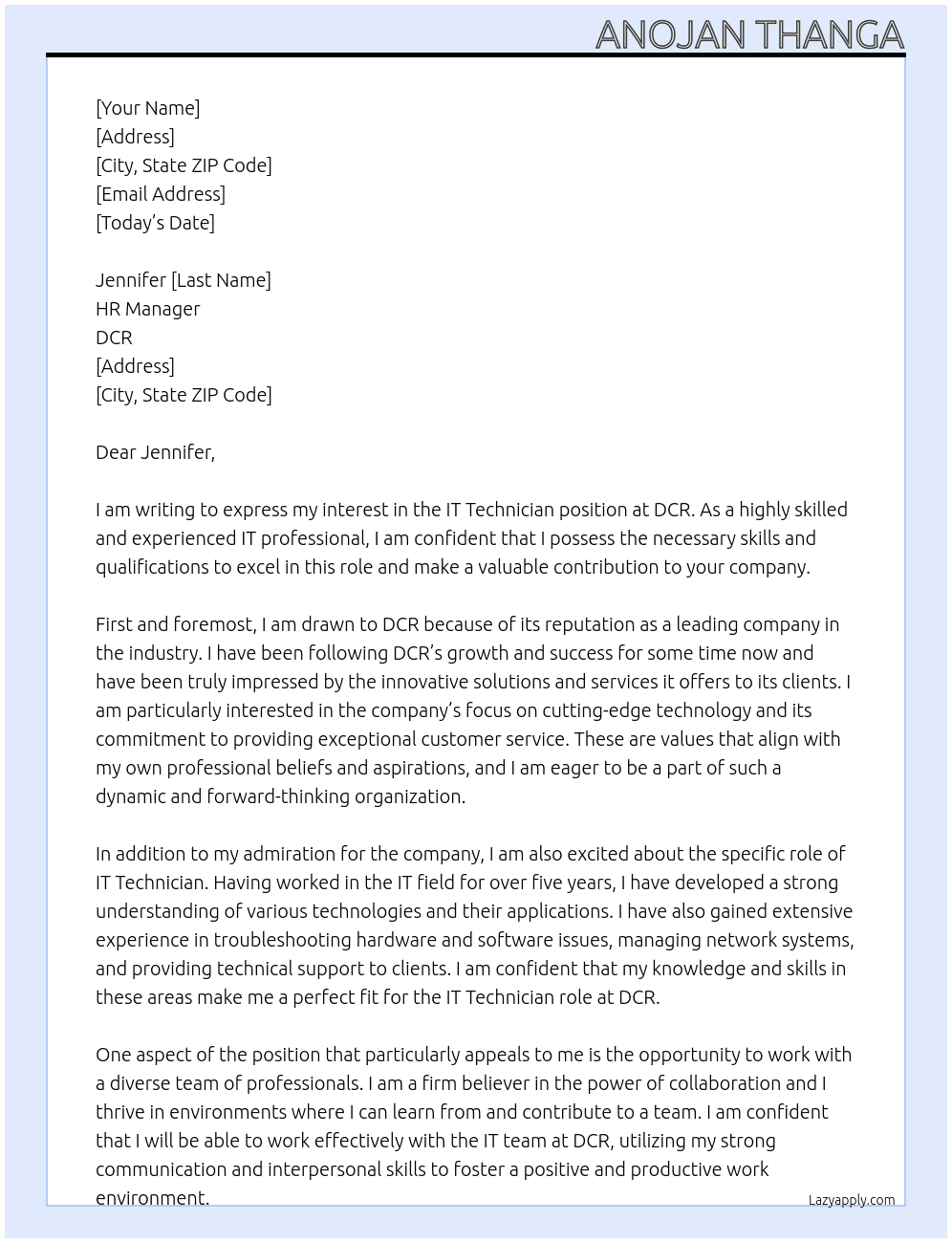 IT Technician At DCR Cover Letter