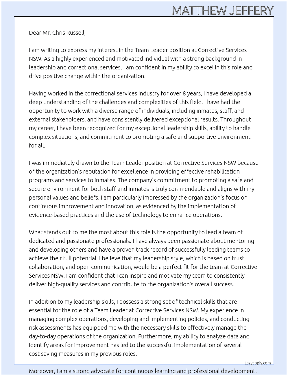 Team Leader At Corrective Services NSW Cover Letter
