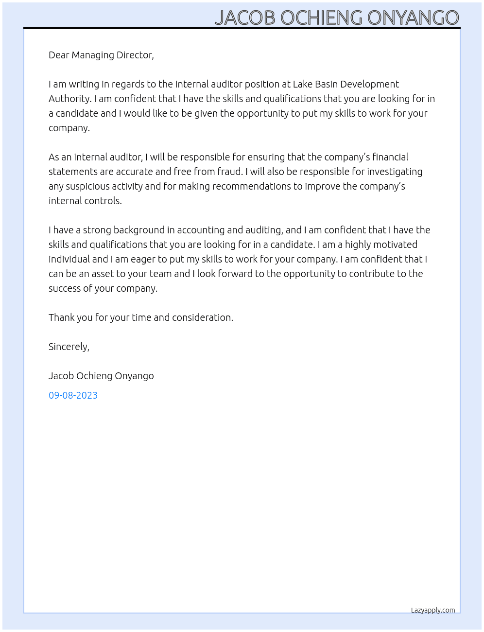 Internal Auditor At Lake Basin Development Authority Cover Letter