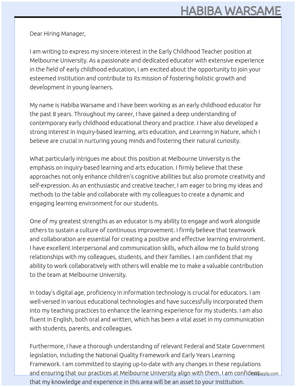 Early Childhood Teacher At Melbourne University Cover Letter