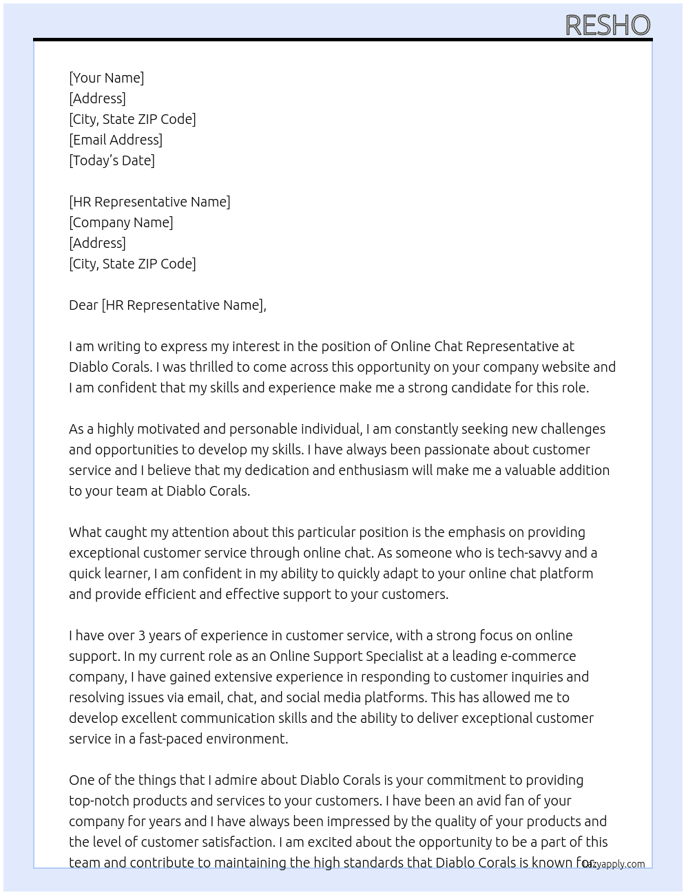 online chat representative At Diablo Corals Cover Letter