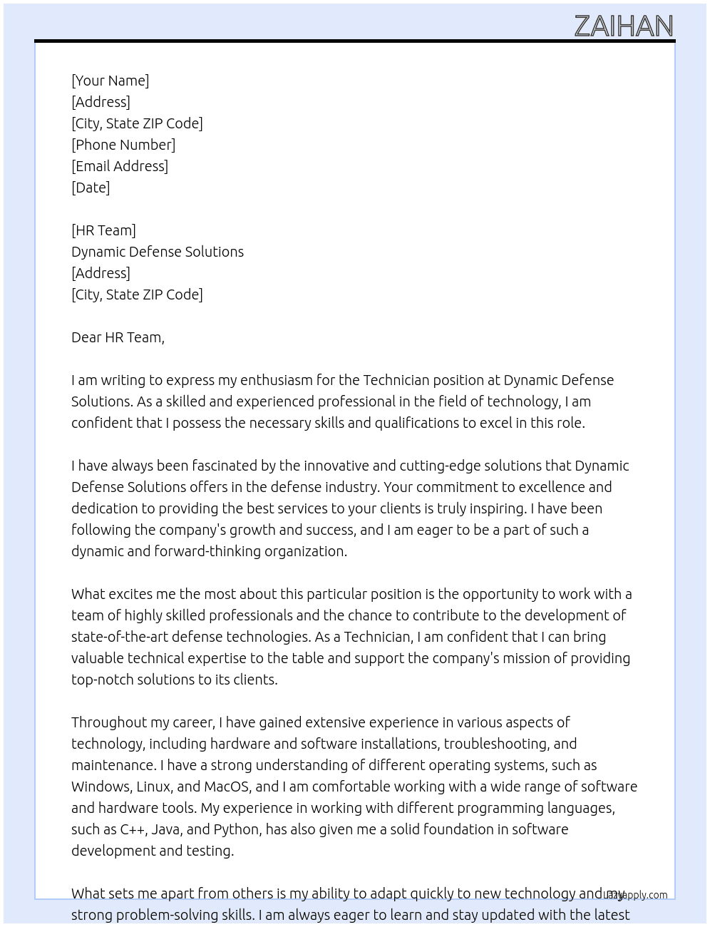 Technician At Dynamic defense solution Cover Letter
