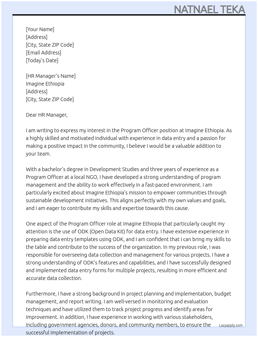 Program officer  At Imagine Ethiopia  Cover Letter